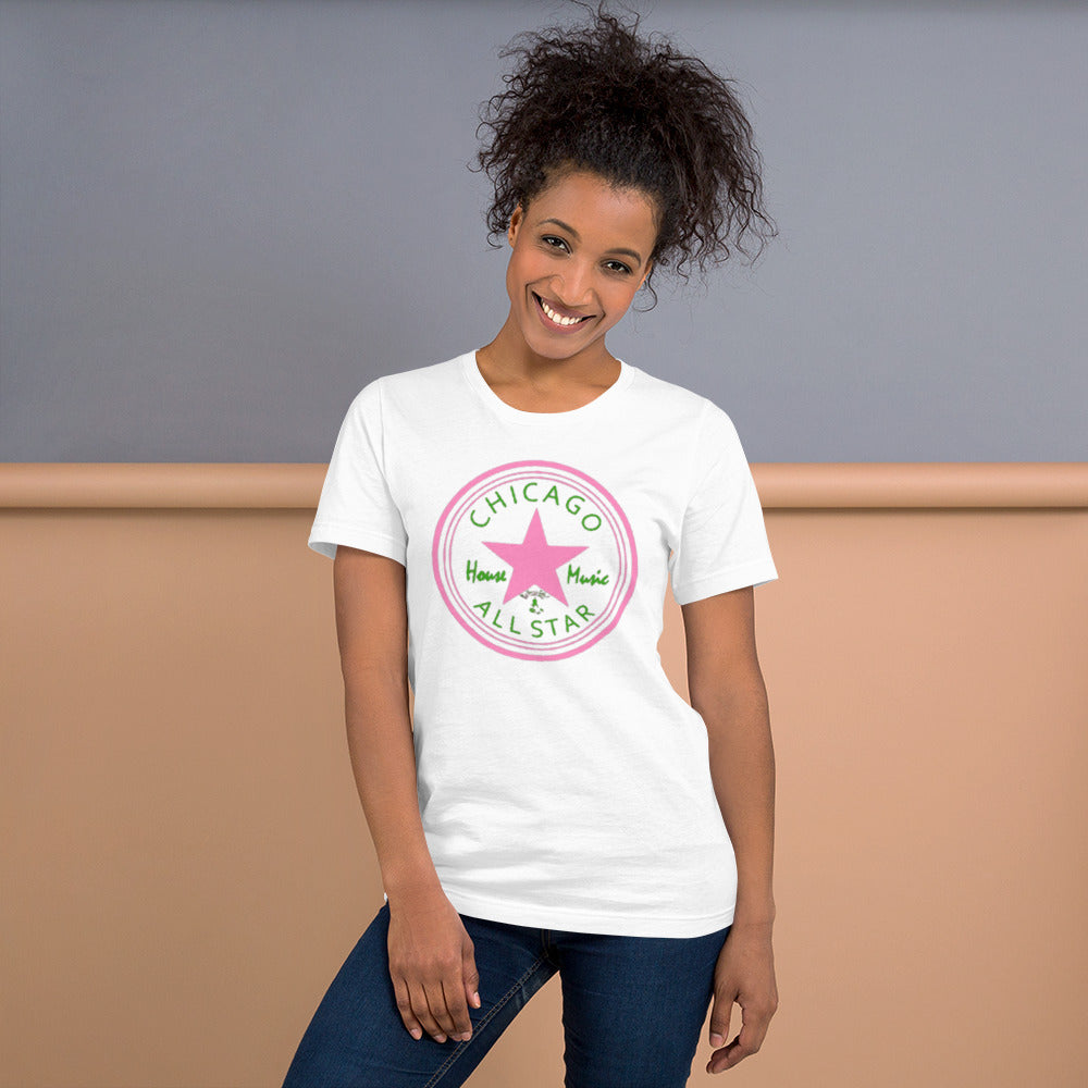 Chicago House Music All-Star, pink star with leaf green logo (IHB) Unisex t-shirt