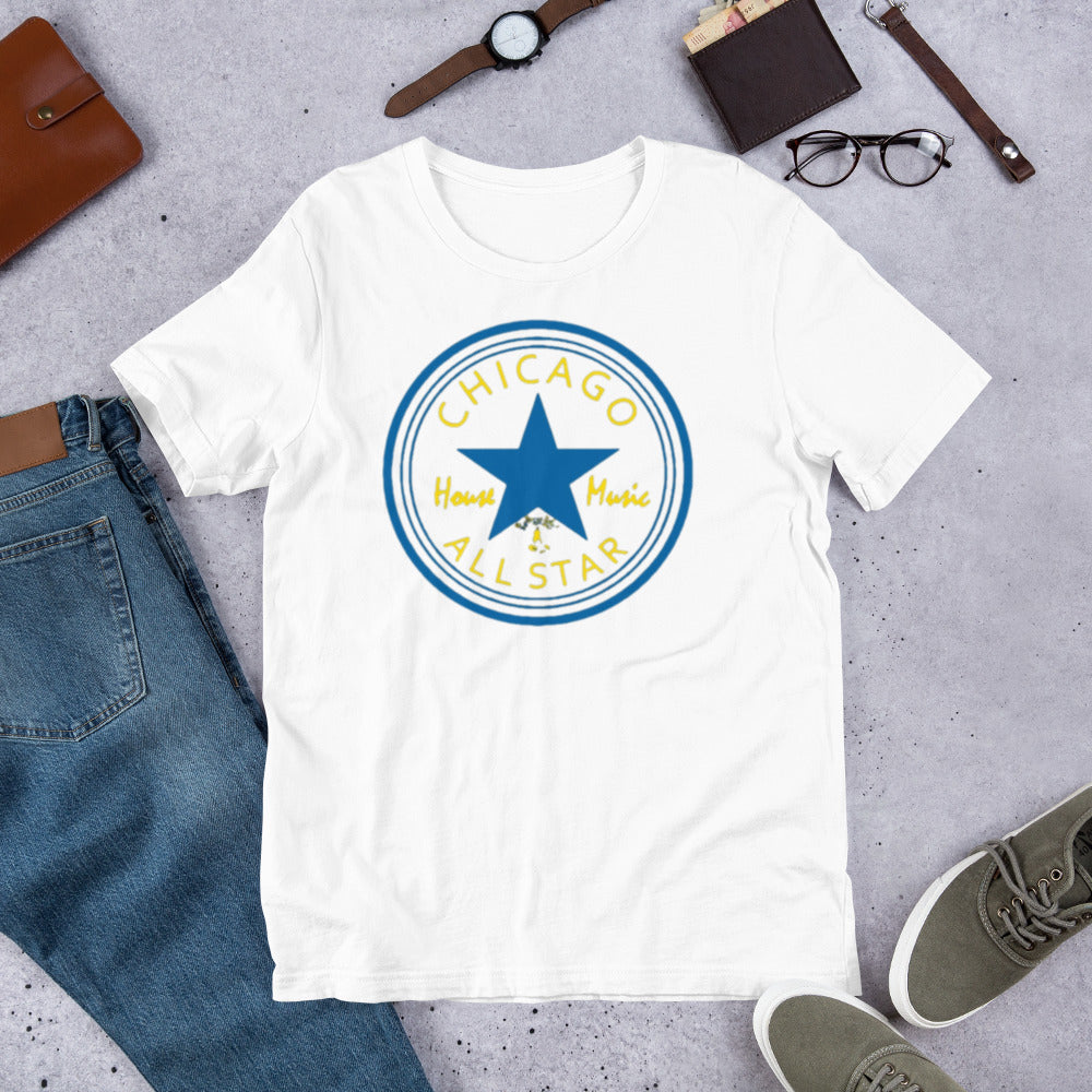 Chicago House Music All-Star, royal blue star with gold print, (IHB) Unisex t-shirt
