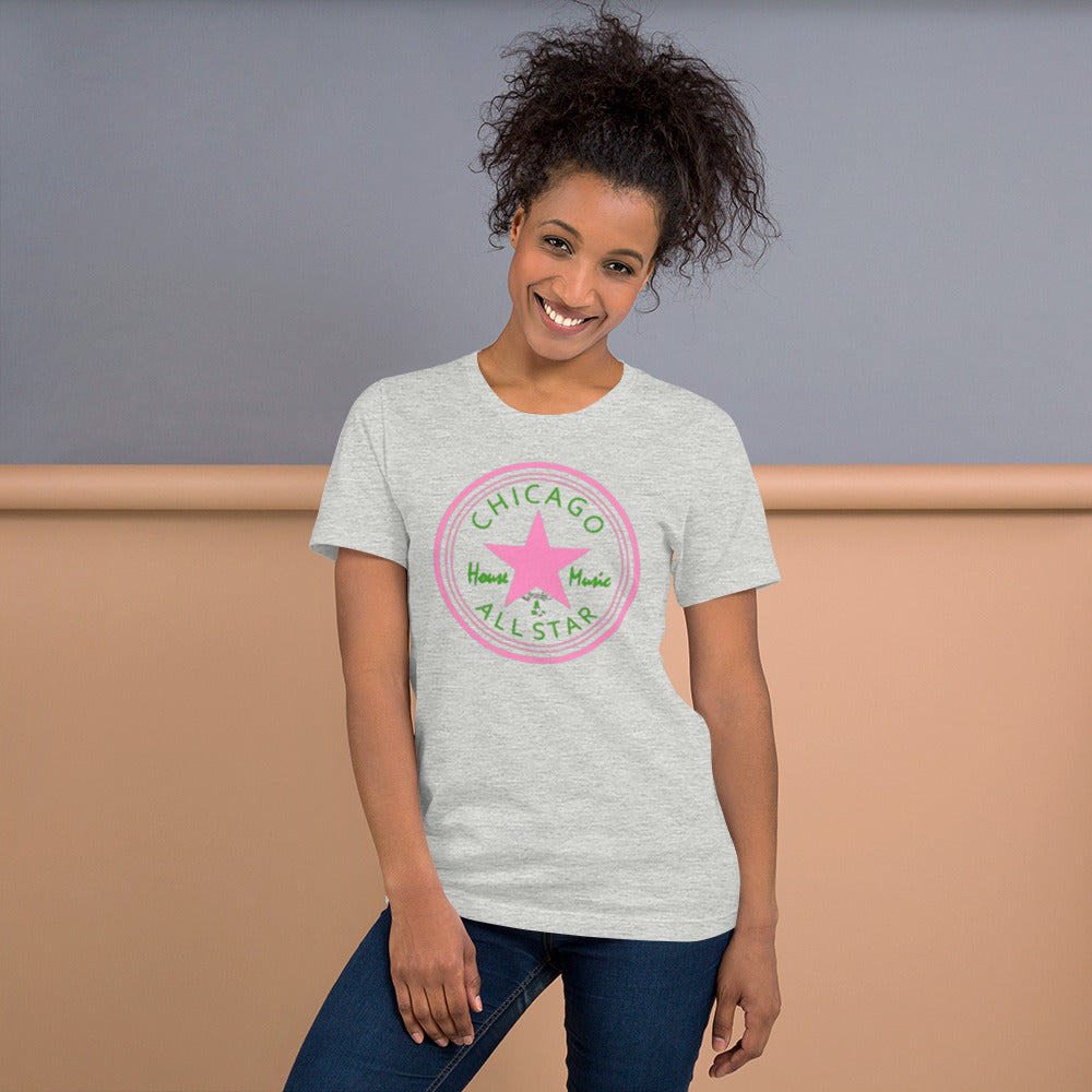 Chicago House Music All-Star, pink star with leaf green logo (IHB) Unisex t-shirt