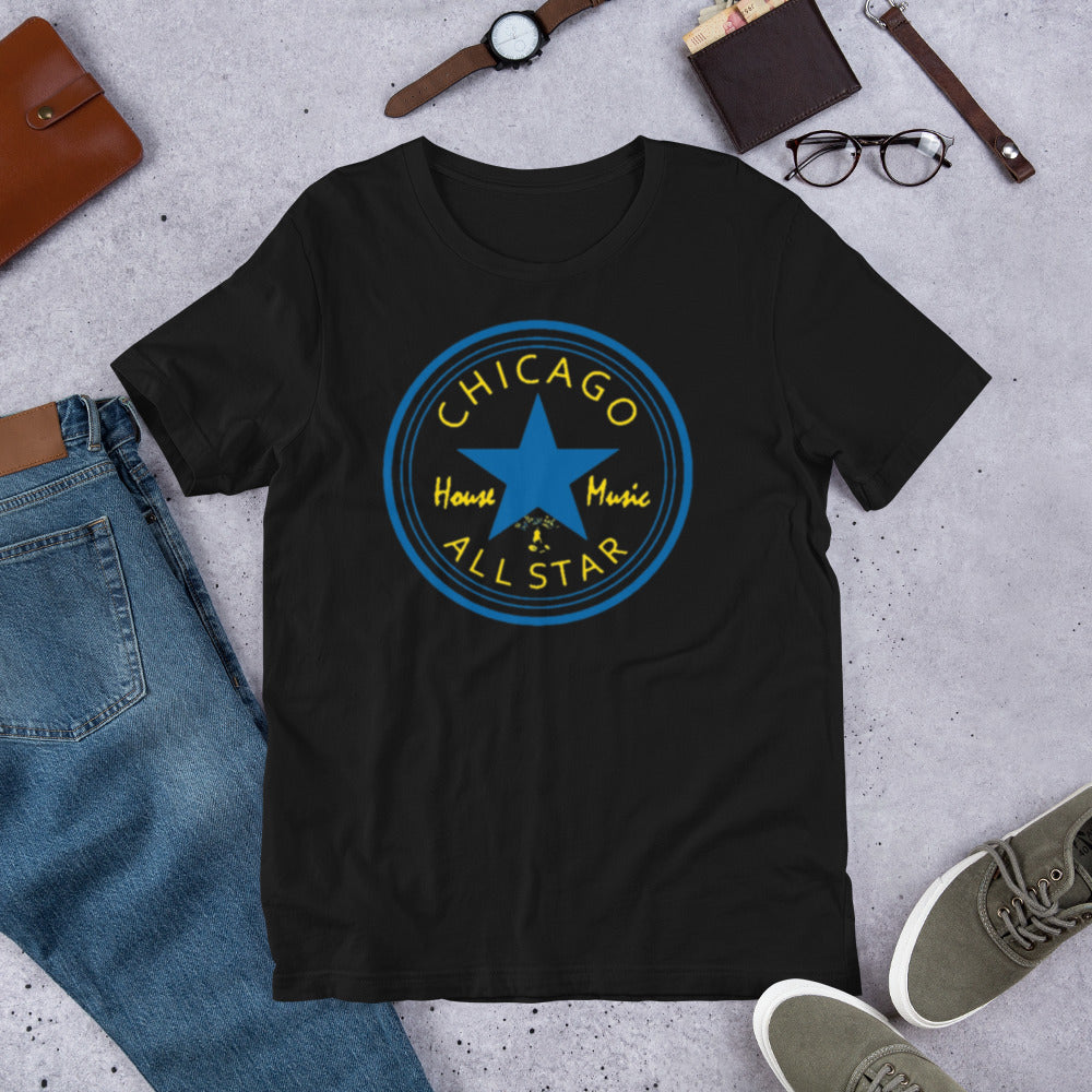 Chicago House Music All-Star,  royal blue star with gold print, (IHB) Unisex t-shirt