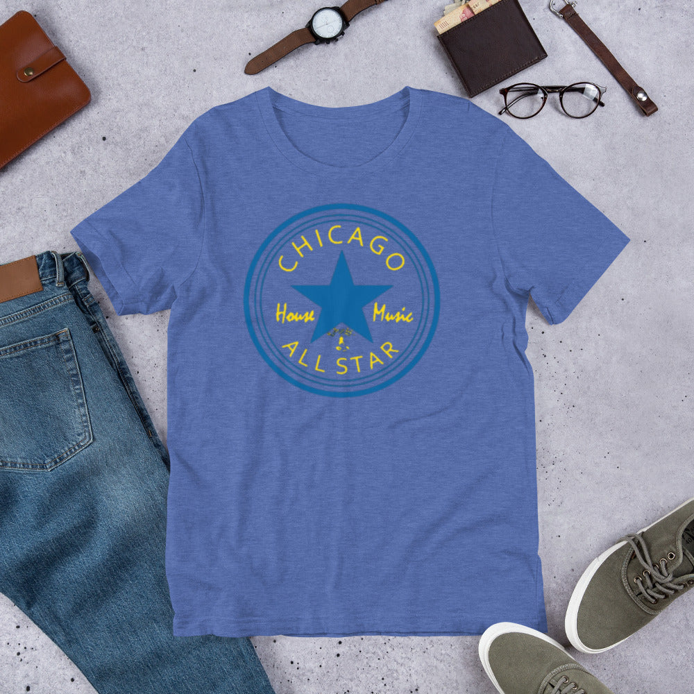 Chicago House Music All-Star,  royal blue star with gold print, (IHB) Unisex t-shirt