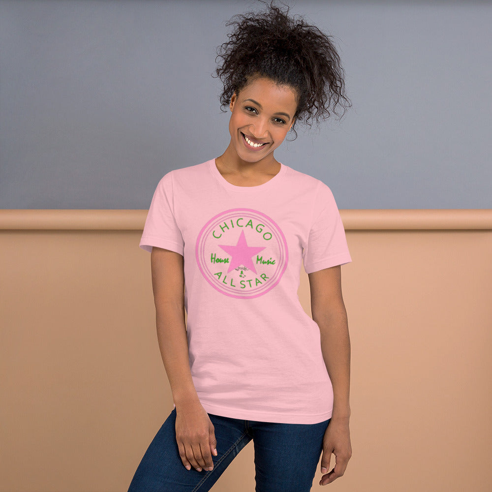 Chicago House Music All-Star, pink star with leaf green logo (IHB) Unisex t-shirt