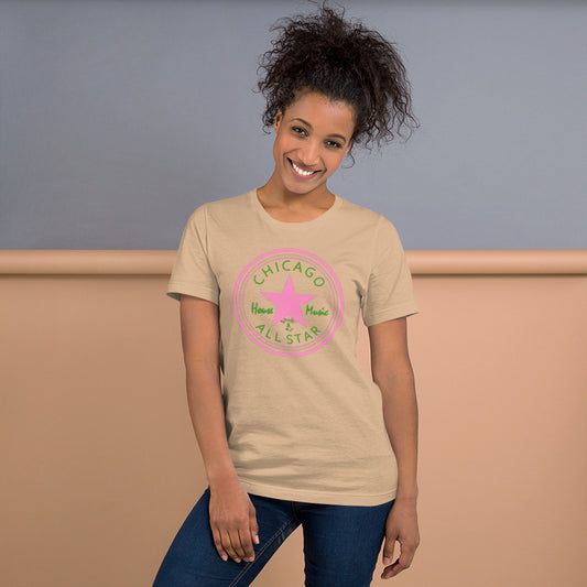 Chicago House Music All-Star, pink star with leaf green logo (IHB) Unisex t-shirt