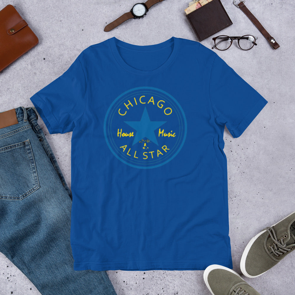 Chicago House Music All-Star,  royal blue star with gold print, (IHB) Unisex t-shirt